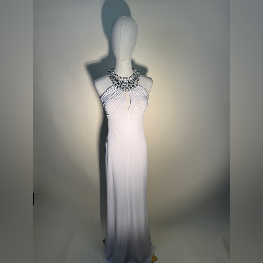 70s Inspired White Rhinestone Evening Gown